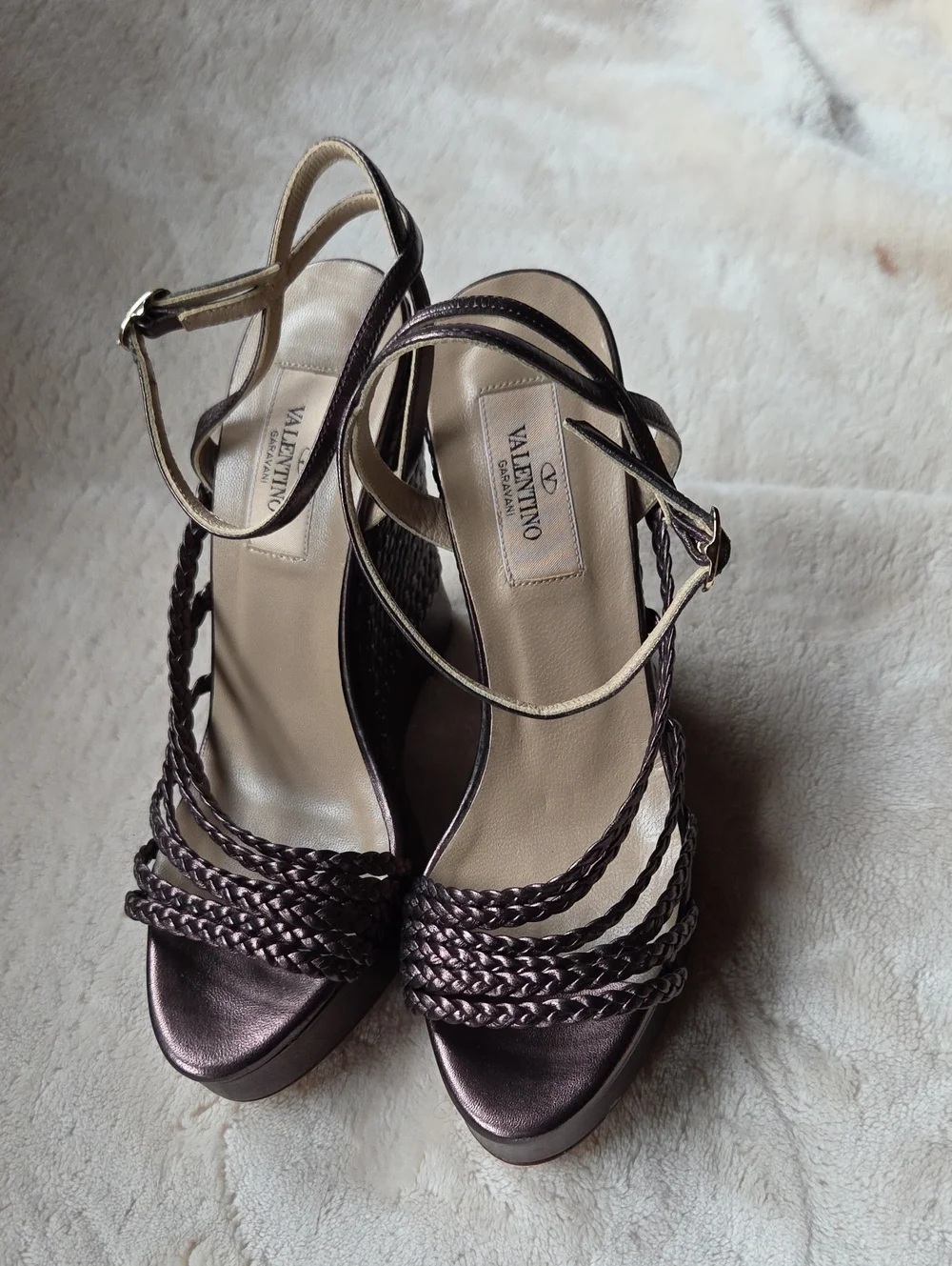 Valentino Garavani Metallic Bronze Braided Wedge Sandals
